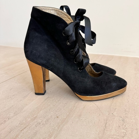 Vintage 90s Yves Saint Laurent Black Suede Heels Lace Up Size 39 US 8 / 8.5 - Picture 7 of 15